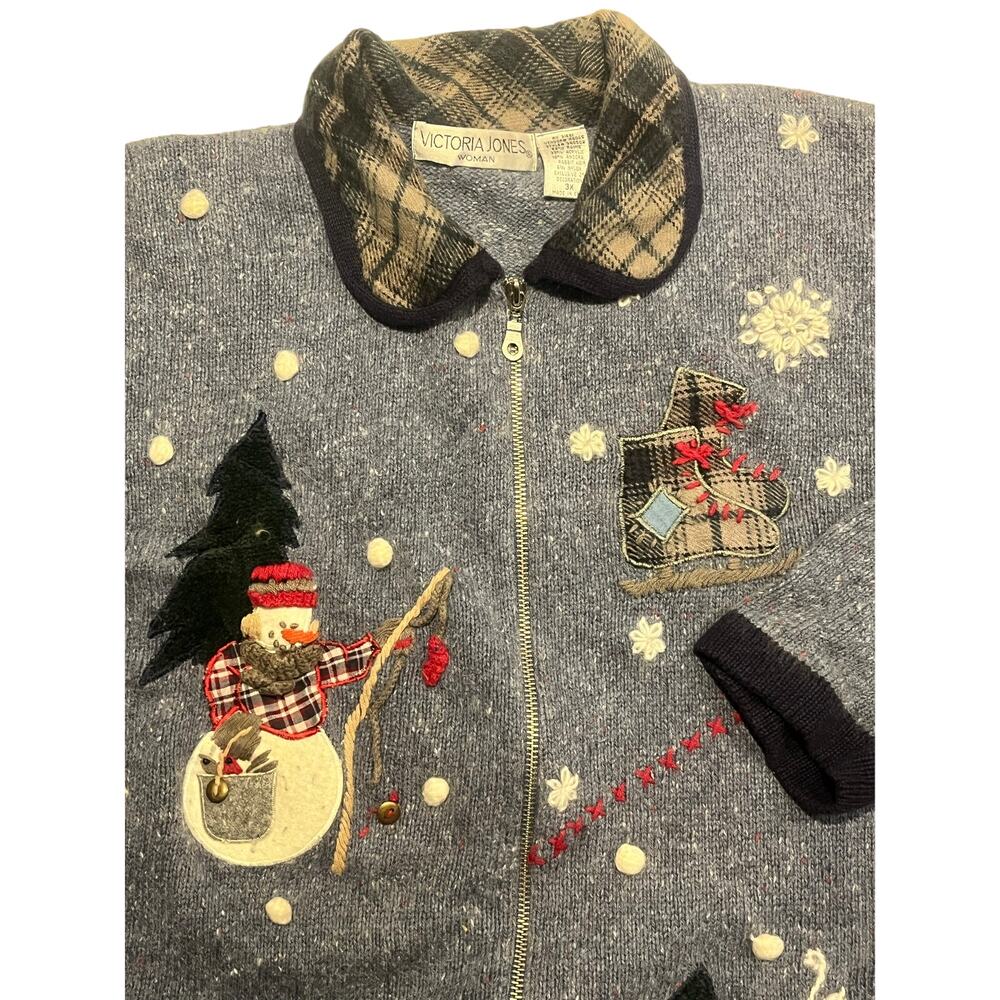 Victoria Jones 3X Christmas Sweater Blue Snowmen Ice Skates Embroidered Plaid